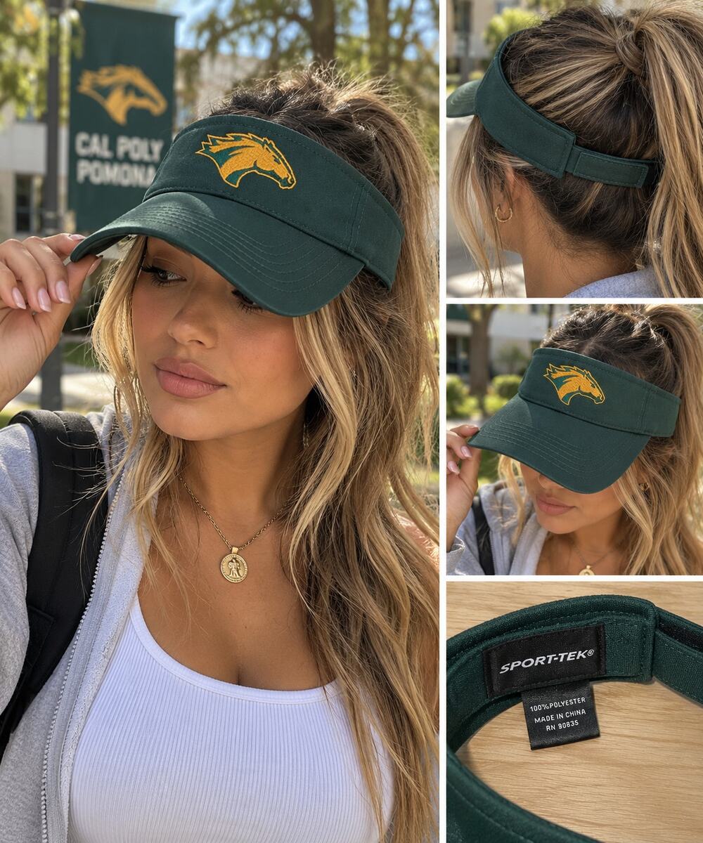 Cal Poly Pomona Broncos Visor Green Gold Embroidered Logo Sport-Tek Adjustable